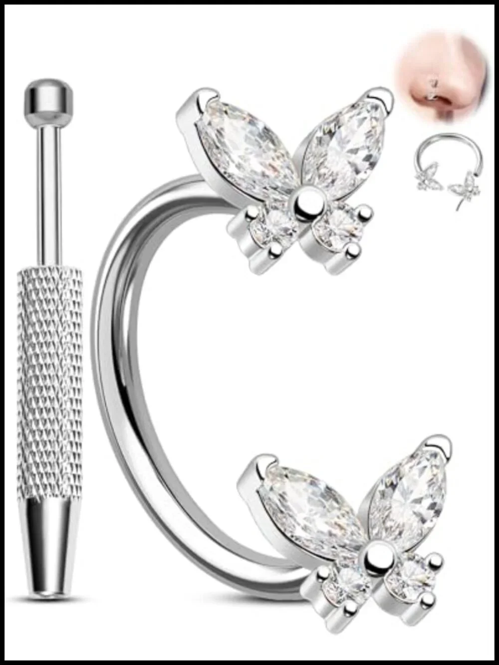 20G Butterfly Horseshoe Nose Ring Hoop Piercing Set 316L Surgical Steel w/